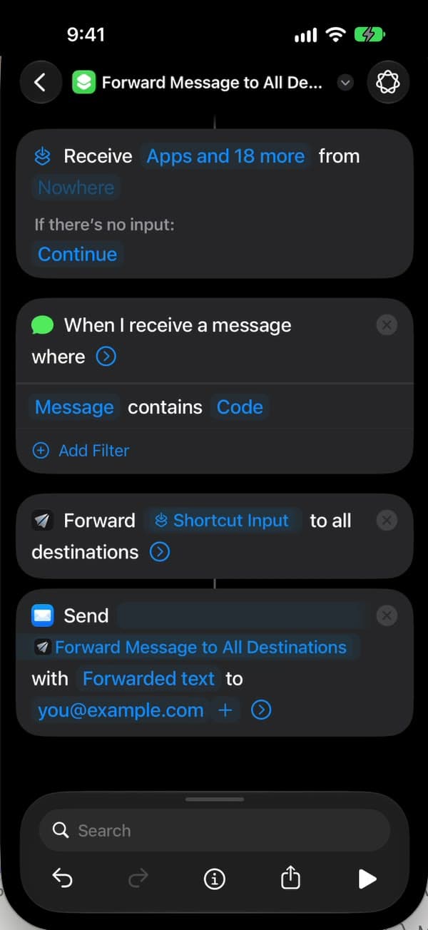 Action Envoyer un e-mail qui envoie Forward Message to All Destinations avec l’objet Forwarded text à you@example.com