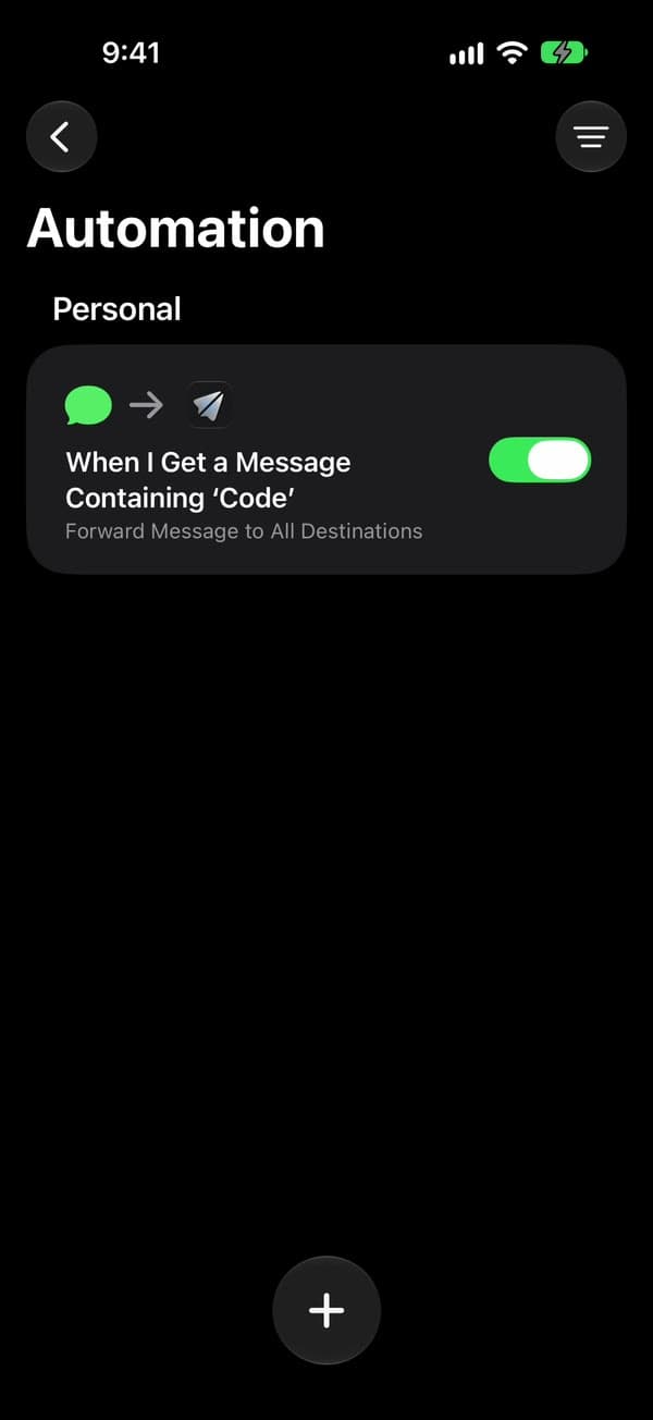 Automationsliste mit eingeschalteter Automation „When I Get a Message Containing ‘Code’“