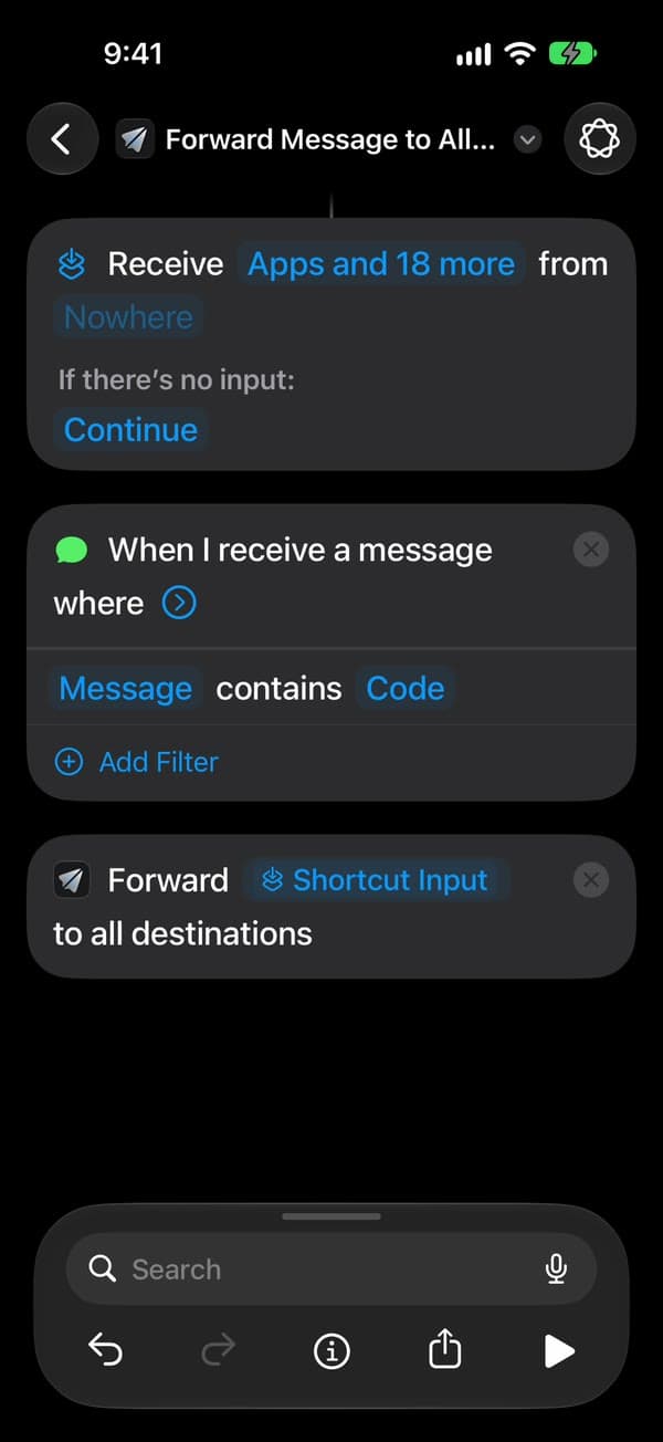 L’action de Fwrd qui indique « Forward Shortcut Input to all destinations », avec un bloc Recevoir ajouté en haut
