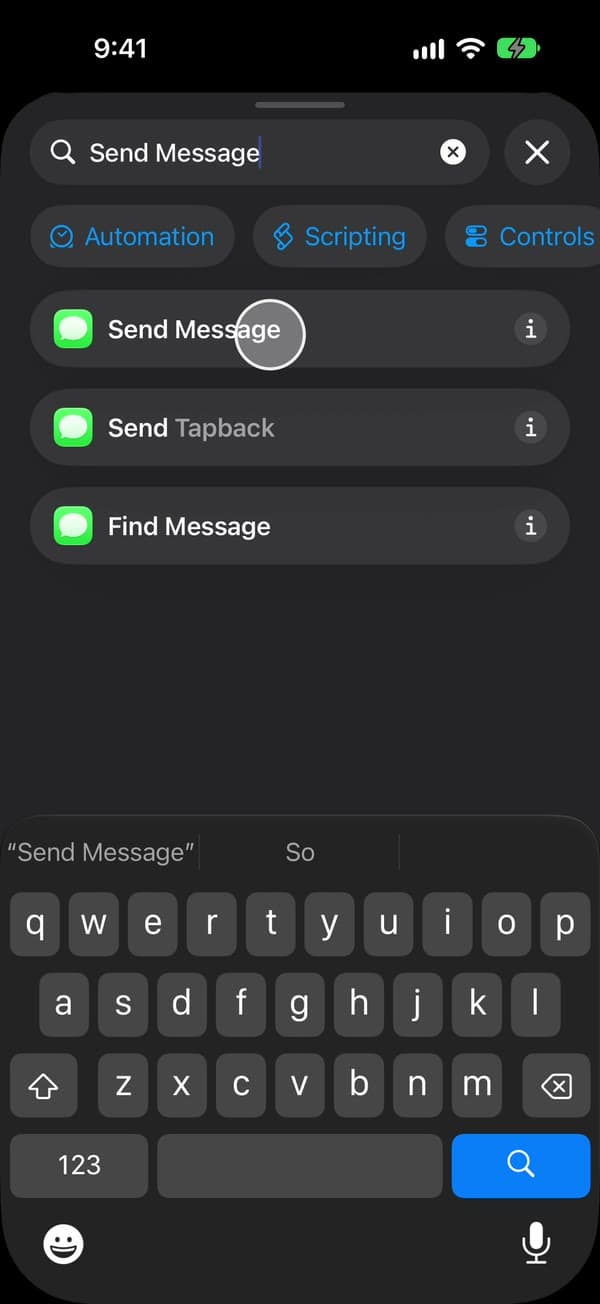 Aktionssuche nach „Nachricht senden“, mit der Aktion „Nachricht senden“ von Apple markiert