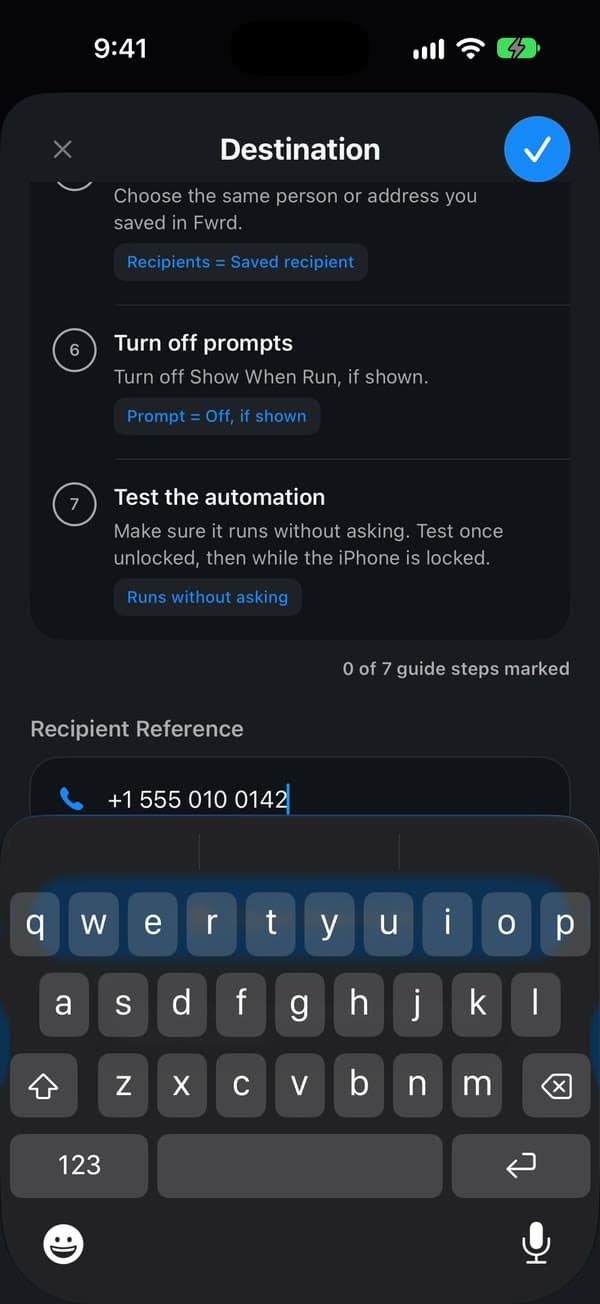 Der Bildschirm für das Ziel „Another Phone“ (Anderes Telefon) in Fwrd mit +1 555 010 0142 unter „Recipient Reference“ (Empfänger (Notiz))