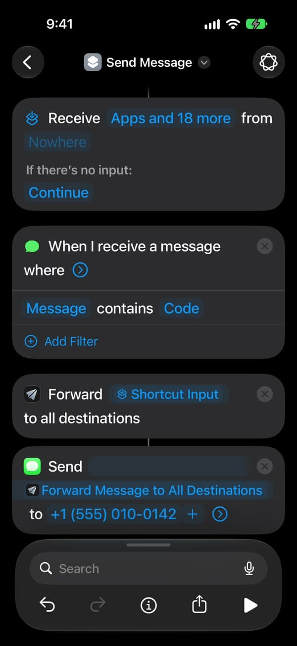 Aktion „Nachricht senden“ mit dem Text „Send Forward Message to All Destinations to +1 (555) 010-0142“