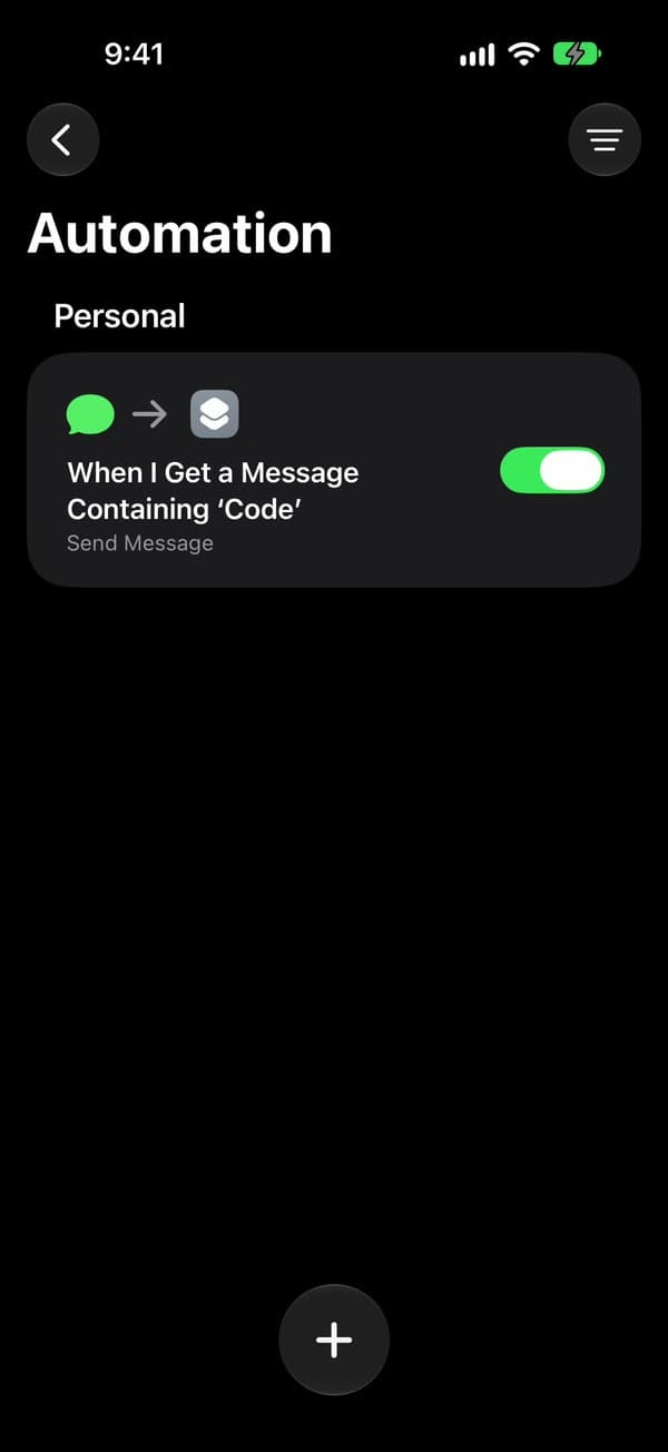 Automationsliste mit eingeschalteter Automation „When I Get a Message Containing ‘Code’ · Send Message“