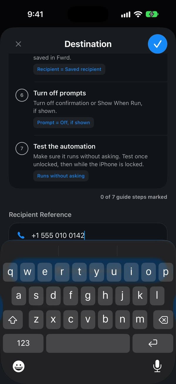 Pantalla de Fwrd para el destino WhatsApp, con +1 555 010 0142 debajo de Recipient Reference