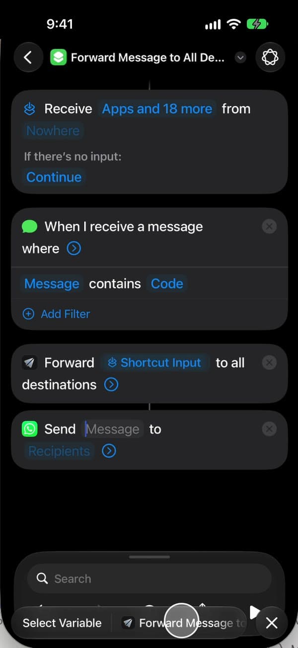 “Send Message” de WhatsApp con Forward Message to All Destinations marcado en la barra sobre el teclado