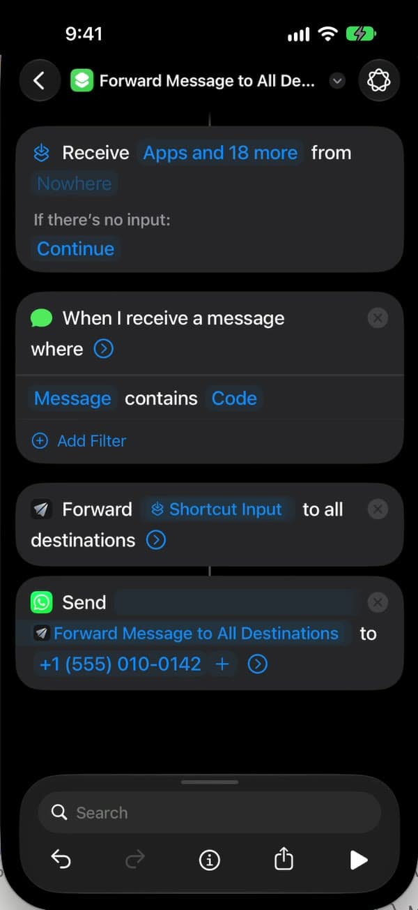 “Send Message” de WhatsApp que dice “Send Forward Message to All Destinations to +1 (555) 010-0142”