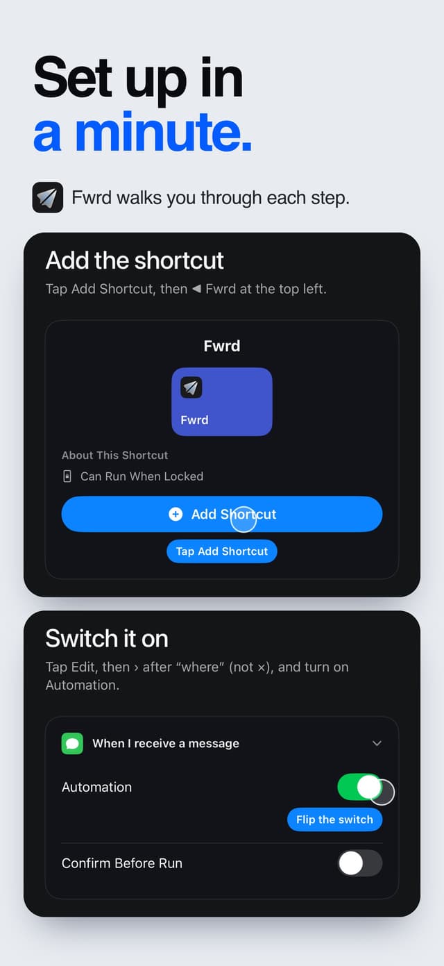 Fwrd’s guided setup: add the ready-made shortcut, then switch on its automation.