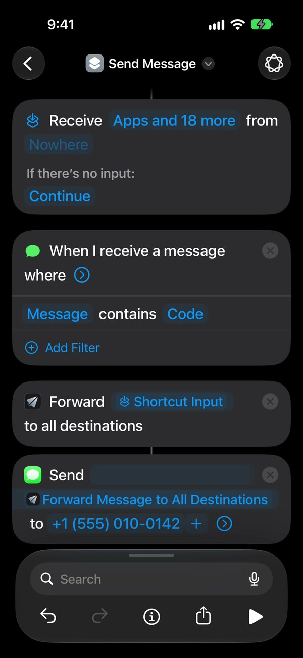 Send Message action reading “Send Forward Message to All Destinations to +1 (555) 010-0142”