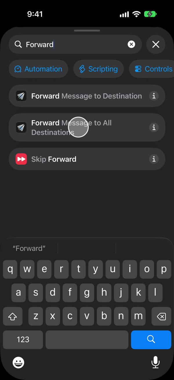 Action search for Forward, with Fwrd’s Forward Message to All Destinations marked