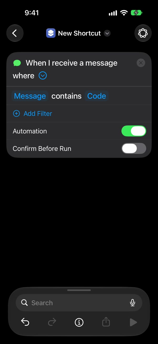The trigger opened with its arrow: Automation on, Confirm Before Run off