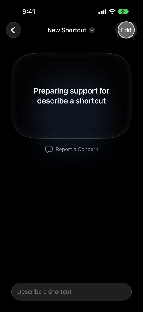 A new shortcut on the Describe a shortcut screen, with the Edit button marked