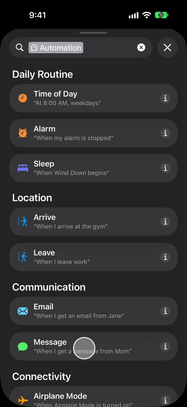 Shortcuts on iOS 27: the list of automation triggers, with Message marked under Communication